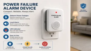 Compact power failure alarm device plugged into a wall outlet for outage detection
