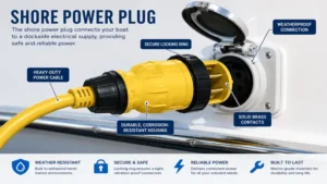 shore power plug close-up showing key features and components used for marine electrical connections