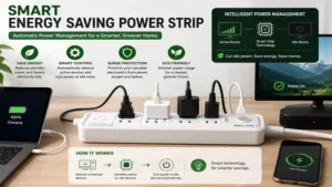 Smart energy saving power strip with automatic power management for efficient energy use and device protection