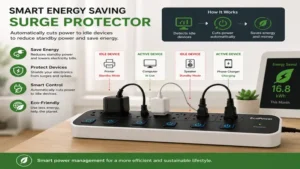 Smart energy saving surge protector automatically cutting power to idle electronic devices