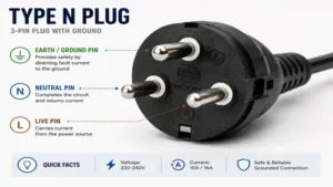 Close-up view of a type n plug showing its three-pin configuration and grounding design