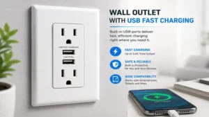 Close-up of a wall outlet with usb fast charging ports for smartphones and tablets