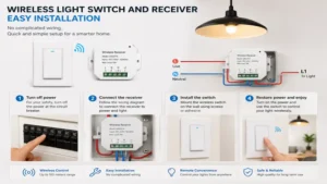 Step-by-step wireless light switch and receiver installation guide showing simple wiring and setup process