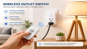 Hand using a wireless outlet switch remote to turn a lamp on and off from a distance.