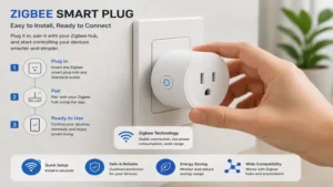 Installation process of a zigbee smart plug plugged into a wall outlet and paired with a Zigbee hub