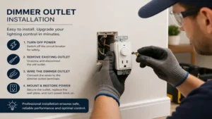 dimmer outlet installation process showing safe wiring and wall mounting by an electrician