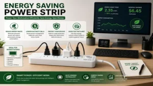 Energy saving power strip connected to multiple workstation devices to improve efficiency and reduce energy waste
