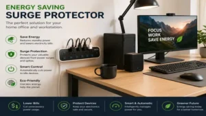 energy saving surge protector installed in a home office setup with computer and peripherals