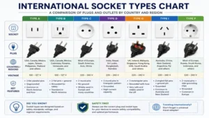 types of socket comparison chart showing international plug and outlet standards