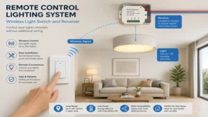 Remote lighting control using a wireless light switch and receiver for seamless operation without additional wiring