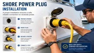 shore power plug installation process on a boat with secure dockside electrical connection setup