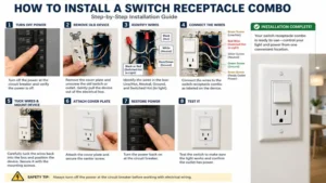 Step-by-step installation process for a switch receptacle combo with wiring and mounting instructions