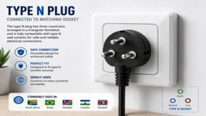 type n plug connected to a matching wall socket for safe and reliable power delivery