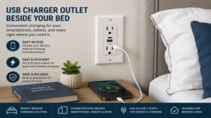 usb charger outlet beside a bed providing easy charging access for smartphones and tablets