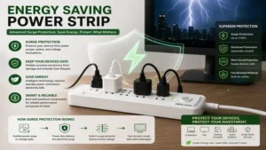 Energy saving power strip with advanced surge protection helping safeguard electronics while reducing power consumption