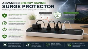 Advanced energy saving surge protector power strip protecting electronics from voltage spikes