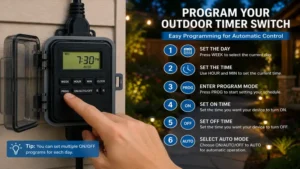 Programming an outdoor timer switch with automatic daily and weekly scheduling settings
