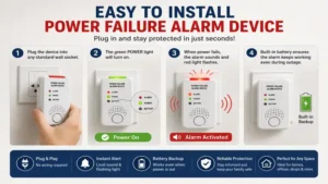 power failure alarm device with simple plug-in installation in a standard wall outlet