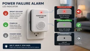 Power failure alarm with bright LED indicator showing power outage status