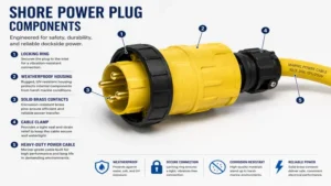shore power plug components diagram highlighting locking ring contacts housing and cable connection parts