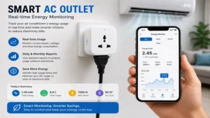 Smart AC outlet displaying real-time energy monitoring data to track air conditioner power usage