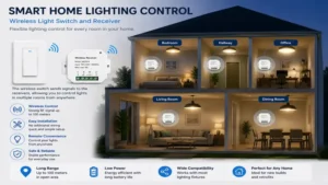 Smart home wireless light switch and receiver providing flexible lighting control across multiple rooms