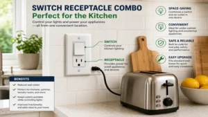 switch receptacle combo installed in a kitchen backsplash providing light control and outlet access