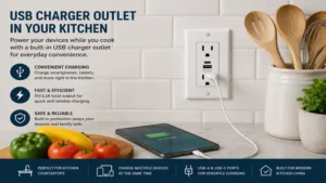 usb charger outlet mounted in a kitchen backsplash for charging devices while cooking