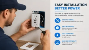 Electrician installing a wall outlet with usb fast charging in a residential room