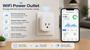wifi power outlet displaying real-time energy monitoring and power consumption tracking features