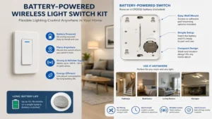 wireless light switch kit with battery powered transmitter for flexible wall mounting and control