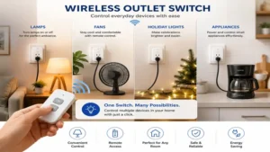 Wireless outlet switch controlling everyday home devices such as fans and lights.