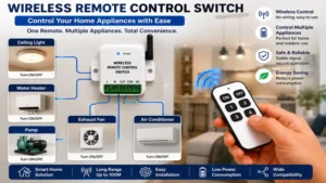 Wireless remote control switch connected to multiple household appliances