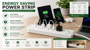 Energy saving power strip serving as a smart charging station for multiple devices with organized cable management