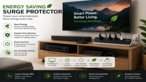 energy saving surge protector connected to a TV entertainment system to reduce phantom energy use