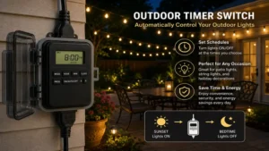 outdoor timer switch controlling patio lights, garden lighting, and holiday decorations automatically