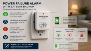 Power failure alarm featuring battery backup for continuous outage monitoring