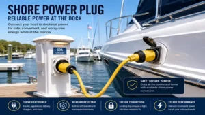 shore power plug connected at a marina dock providing reliable electrical power to a moored vessel