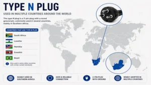 World map highlighting countries and regions where the type n plug standard is commonly used