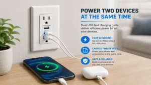 Wall outlet with usb fast charging powering a smartphone and wireless earbuds simultaneously