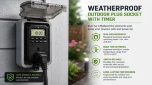 Close-up of a weatherproof outdoor plug socket with timer designed for outdoor use
