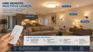 Single wireless light remote switch controlling multiple light fixtures throughout a large living space