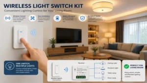 wireless light switch kit controlling lights in a modern living room with seamless operation