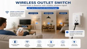 Wireless outlet switch operating connected devices from different areas of the home.