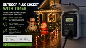 Outdoor plug socket with timer powering holiday decorations on an automatic schedule