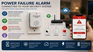 Power failure alarm connected to a home security system for emergency notifications
