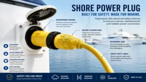 shore power plug with waterproof housing secure locking mechanism and marine-grade safety features