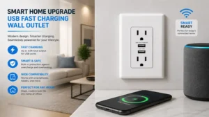 Smart home wall outlet with usb fast charging integrated into a contemporary interior