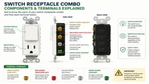 Front, side, and back view of a switch receptacle combo showing components and terminal connections
