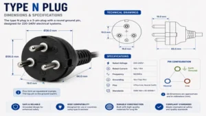 Technical diagram showing type n plug dimensions, pin spacing, and electrical specifications